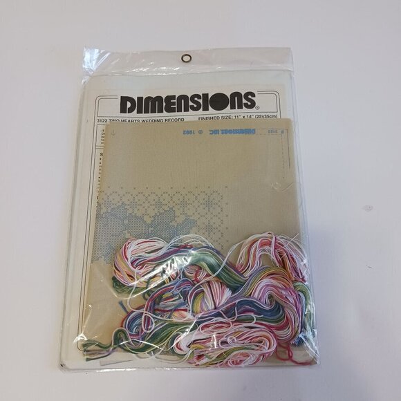 Dimensions Stamped Cross Stitch Kit 3122 Two Hearts Wedding Record Floral VTG - Picture 2 of 7